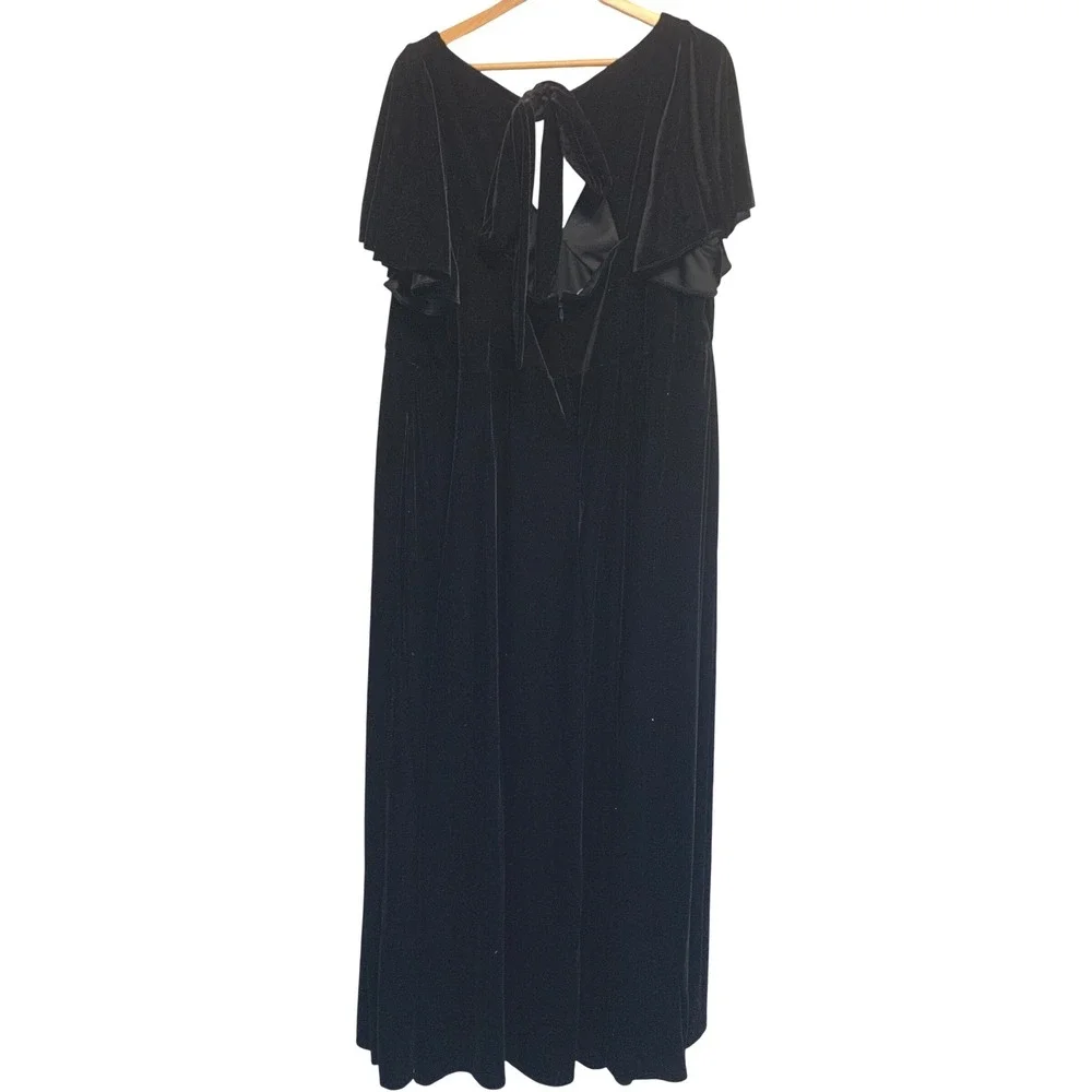 Azazie Maxi Dress 26 Black Velvet Flutter Sleeve Tie Back Formal Gown Pockets